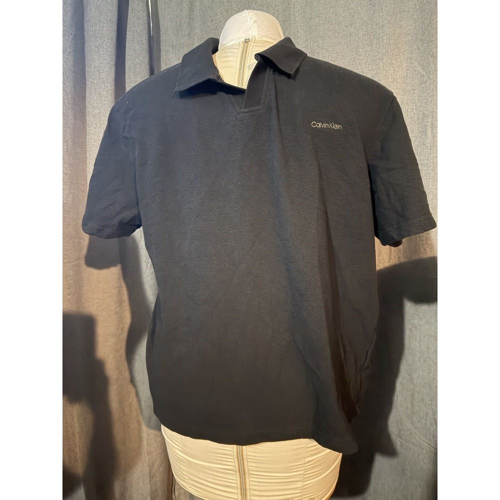 Calvin Klein Mens XL Black Short Sleeve Embroidered Logo V-Neck Polo Shirt